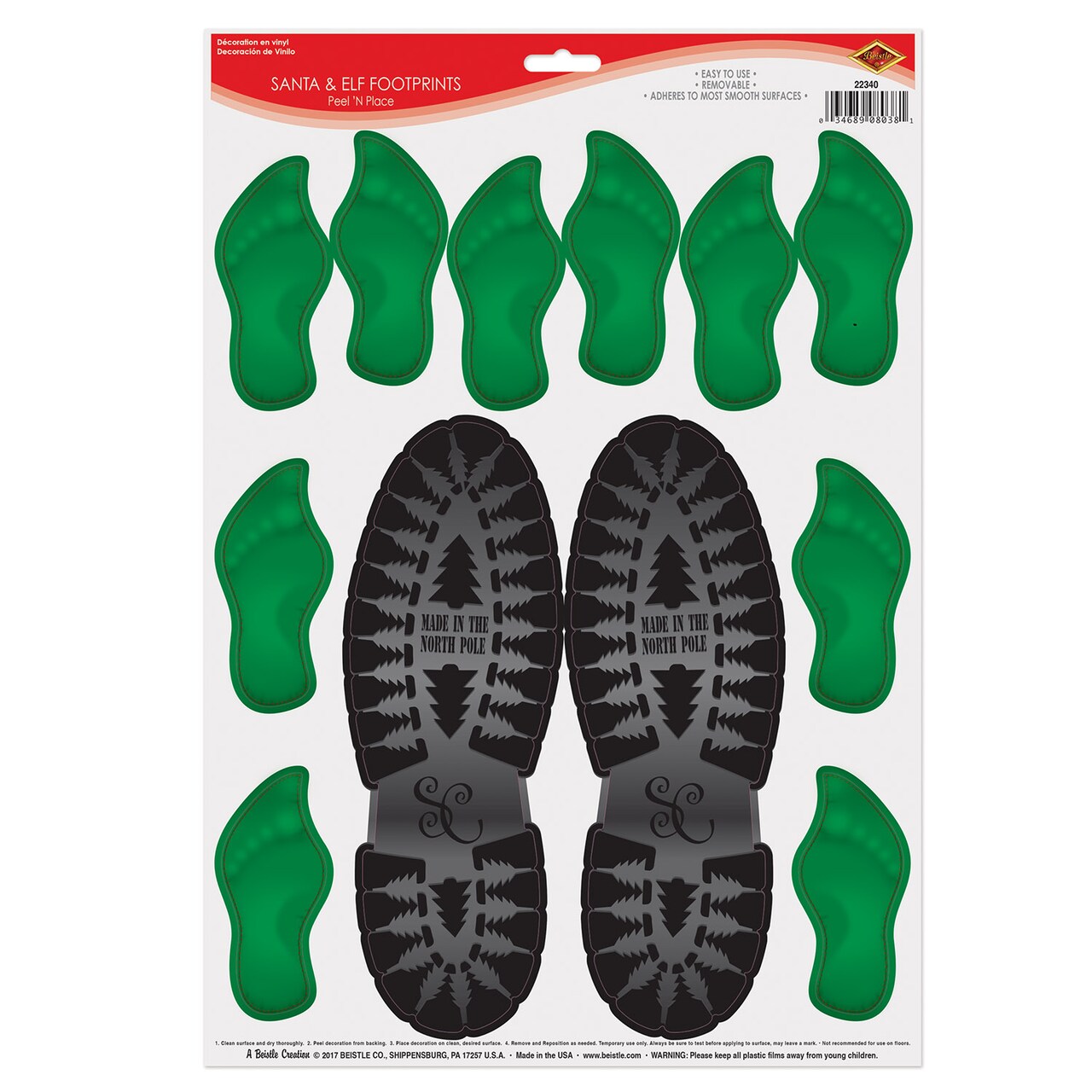 Beistle Club Pack of 12 Santa & Elf Footprints Peel 'N Place Christmas Decorations